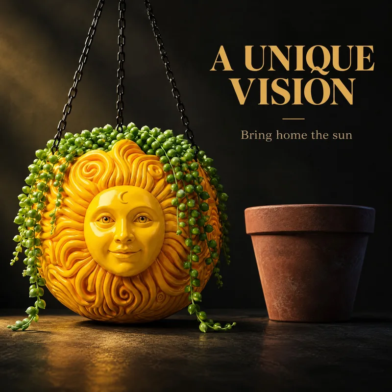 Closing image ReddStudio made: the sun face planter beside a plain terracotta pot, "A Unique Vision. Bring home the sun"